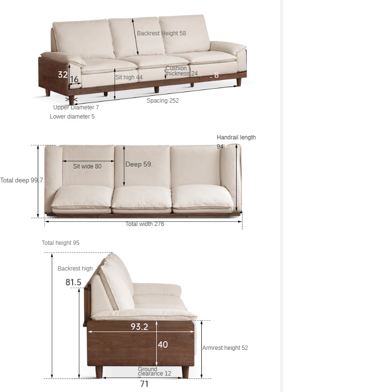 Black Walnut, Ash Solid Wood High Back Sofa