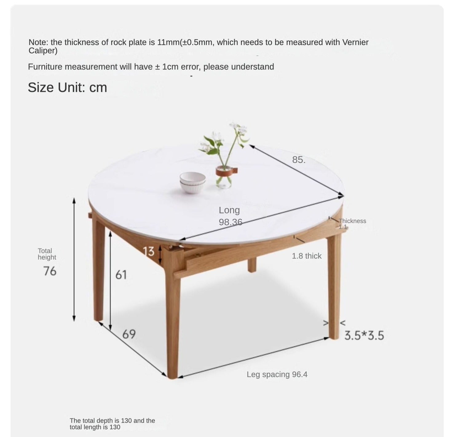 Oak solid wood Round folding dining table with rock slab surface,