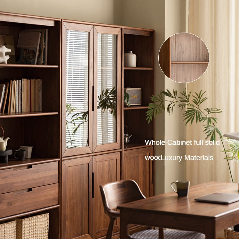 North American black walnut, Ash solid wood combination cdust-proof glass door wall floor-to-ceiling bookshelf<