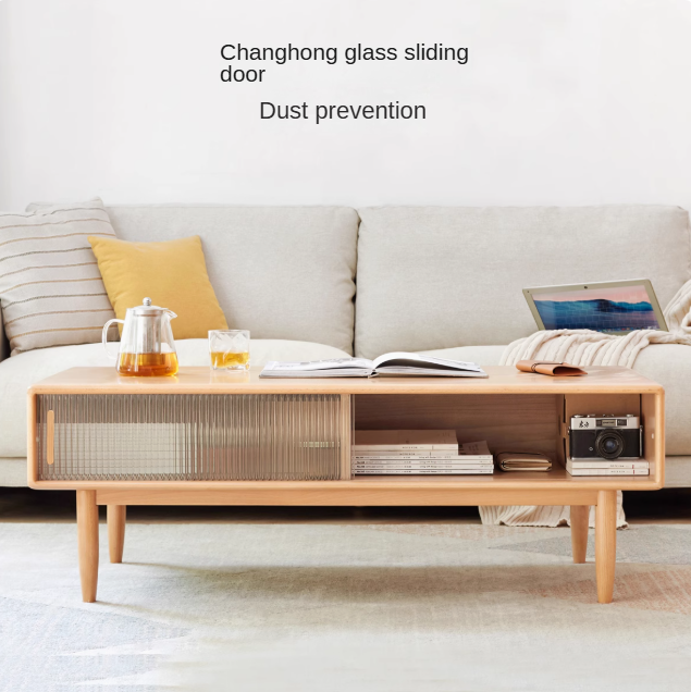 Beech Solid Wood Glass Sliding Door Coffee Table