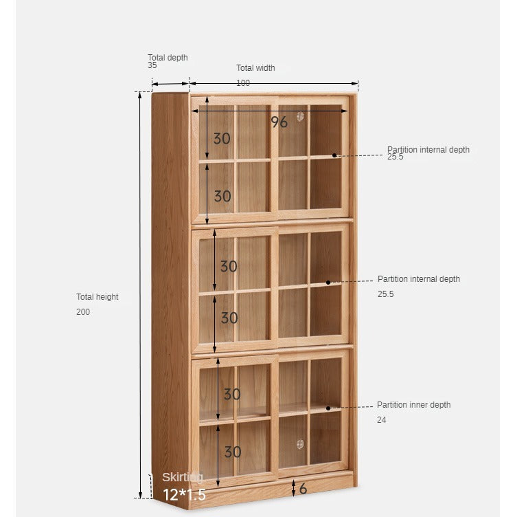 Oak Solid Wood Bookcase Floor to Floor Free Combination Sliding Door-
