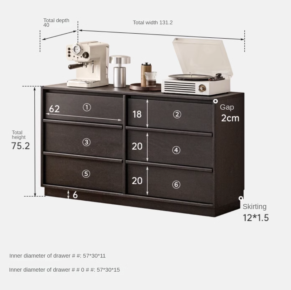 Oak Solid Wood Black Storage Six Drawers Cabinet