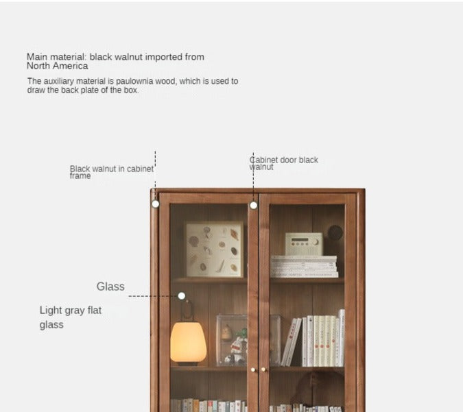 Black Walnut solid wood bookcase with glass door<