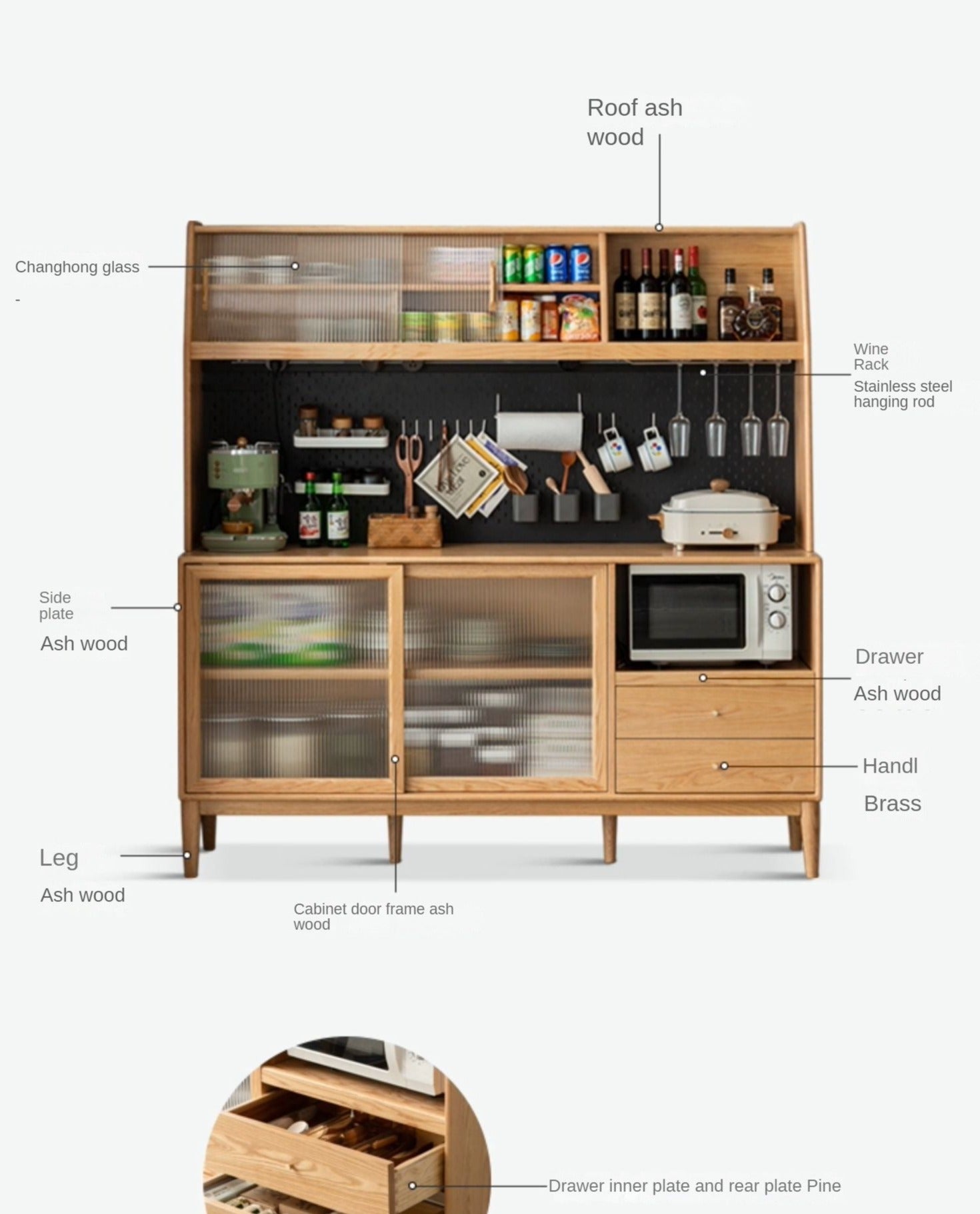 Oak solid wood sideboard multi-functional buffet cabinet,