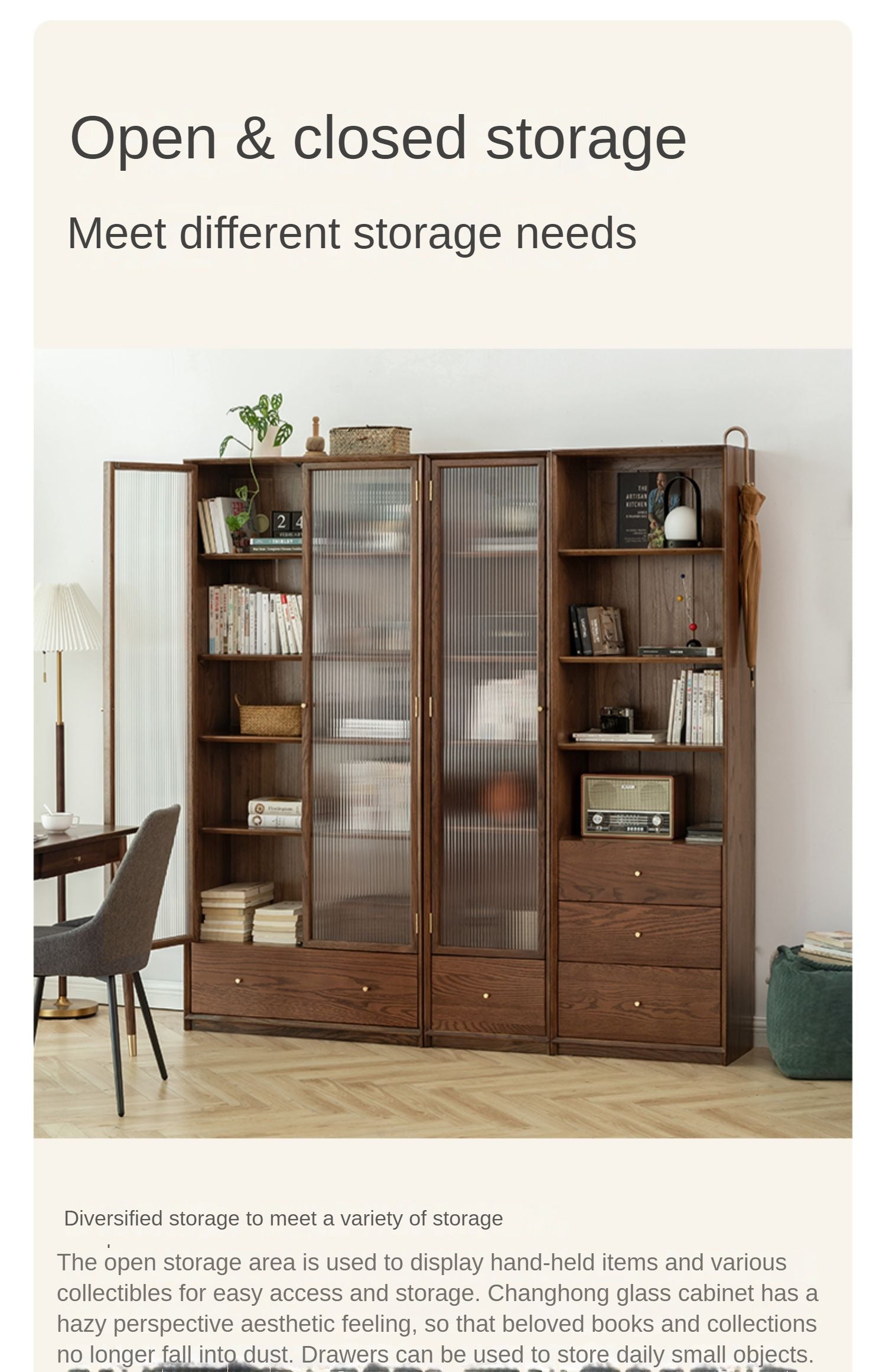 Oak Walnut solid wood cdust-proof glass door wall floor-to-ceiling bookshelf<