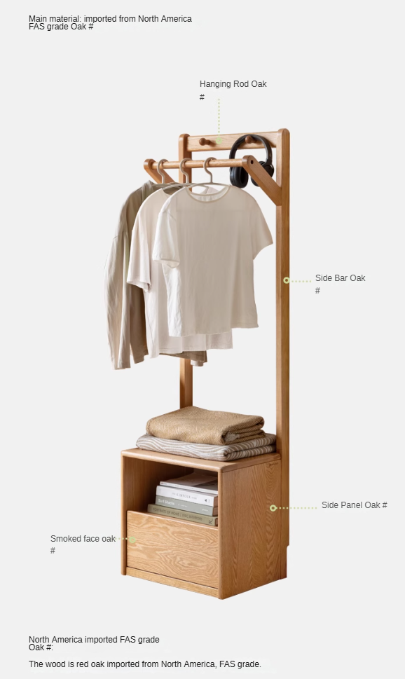 Oak, Birch Solid Wood Nordic Floor Storage Clothes Rack<