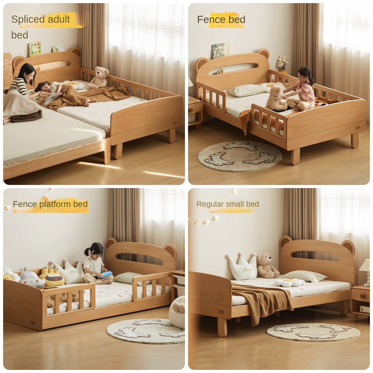 Beech solid wood children's guardrail bed with light