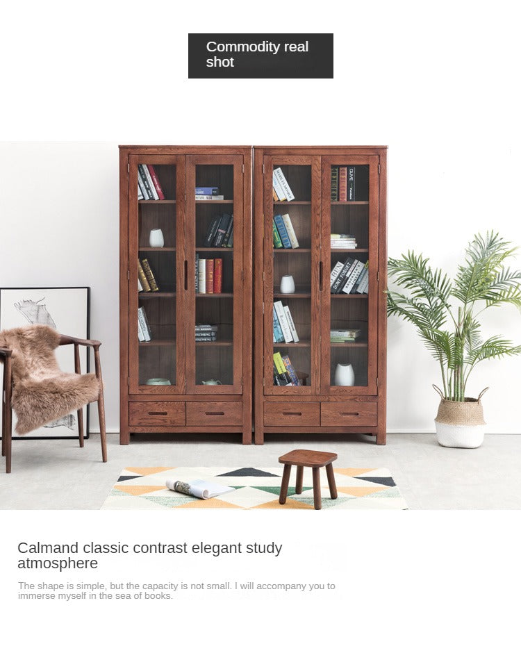 Oak Solid Wood Nordic Bookcase with Glass Door