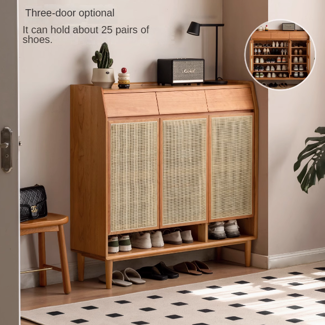 Сherry solid wood rattan locker shoe cabinet