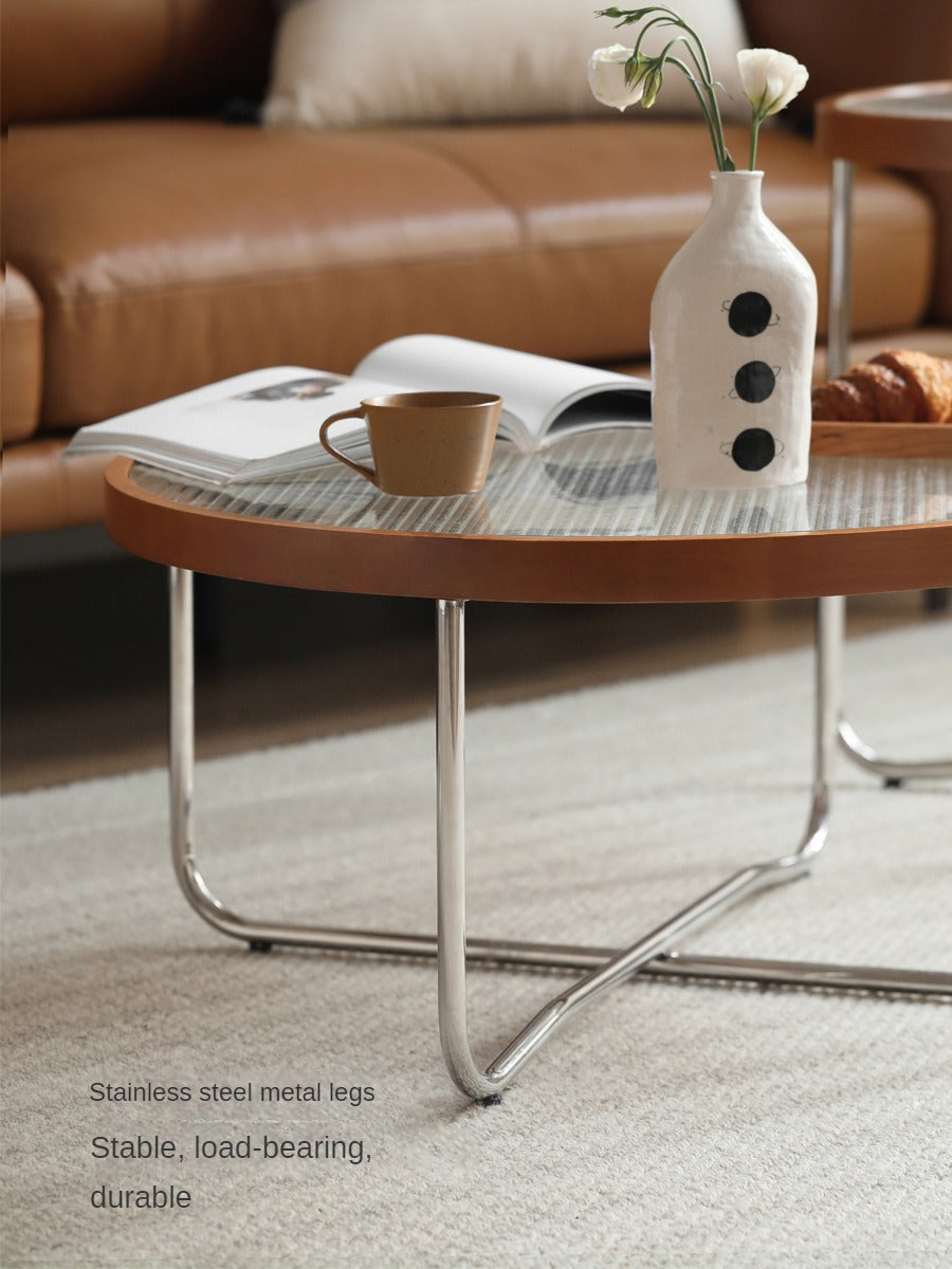 Beech Wood round glass coffee table"