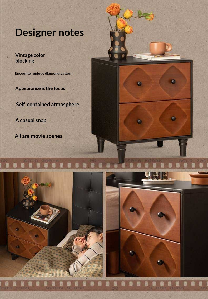 Solid RubberWood Nightstand Mid Century Two-Drawer Storage Cabinet