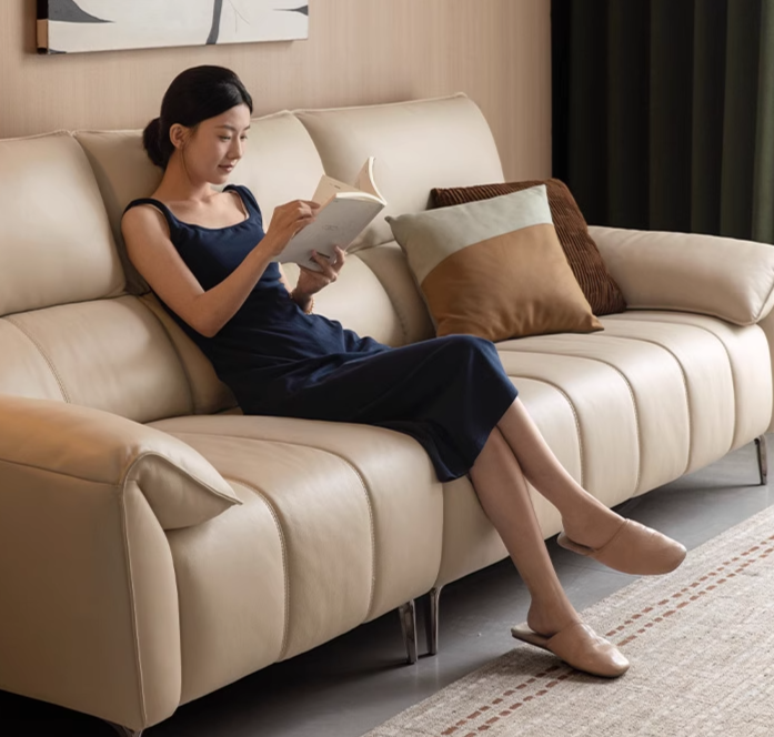 Genuine Leather Cream Sofa, Piano Key Design
