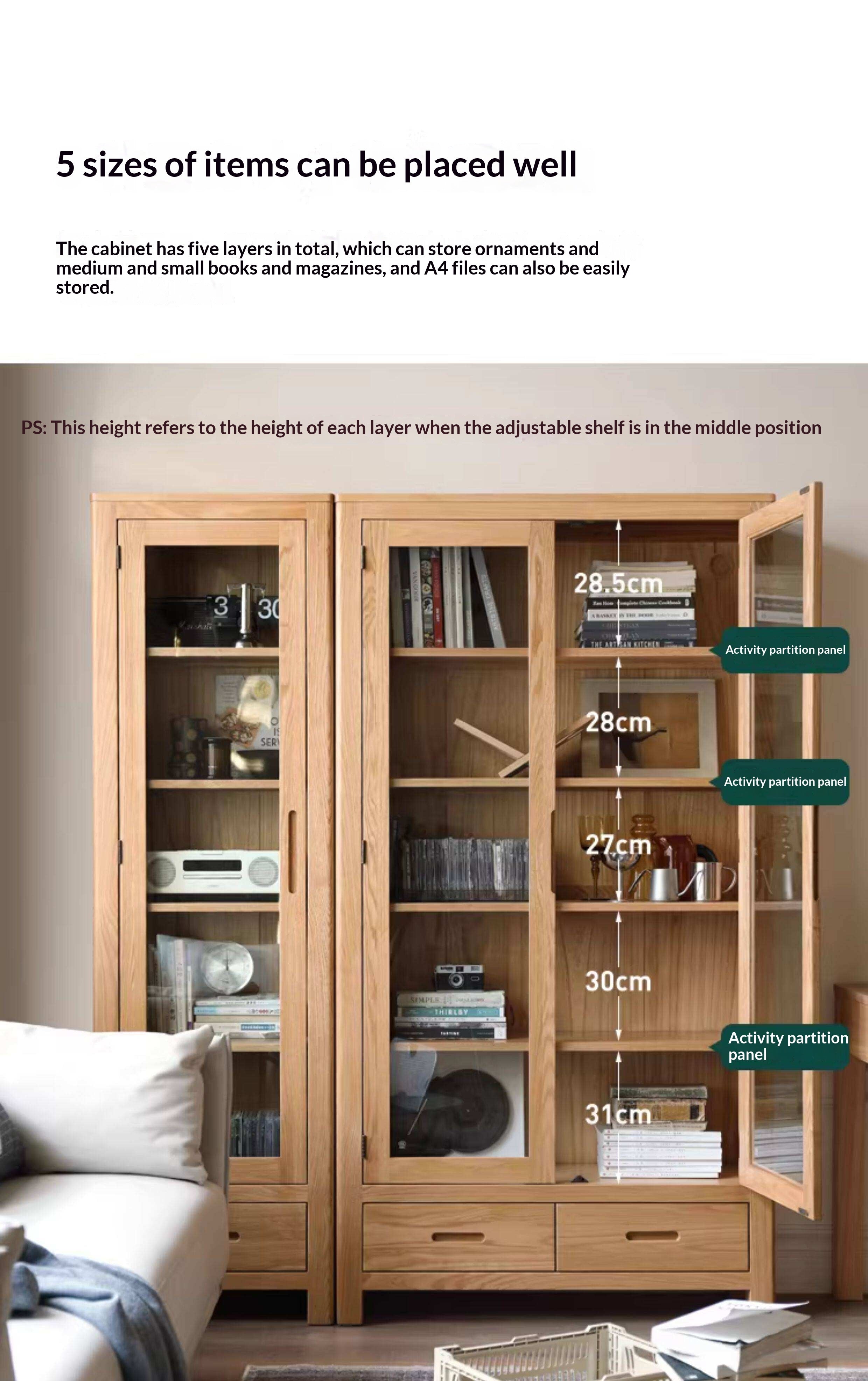 Oak, Solid Rubberwood Modern Bookcase with Glass Door Display Cabinet
