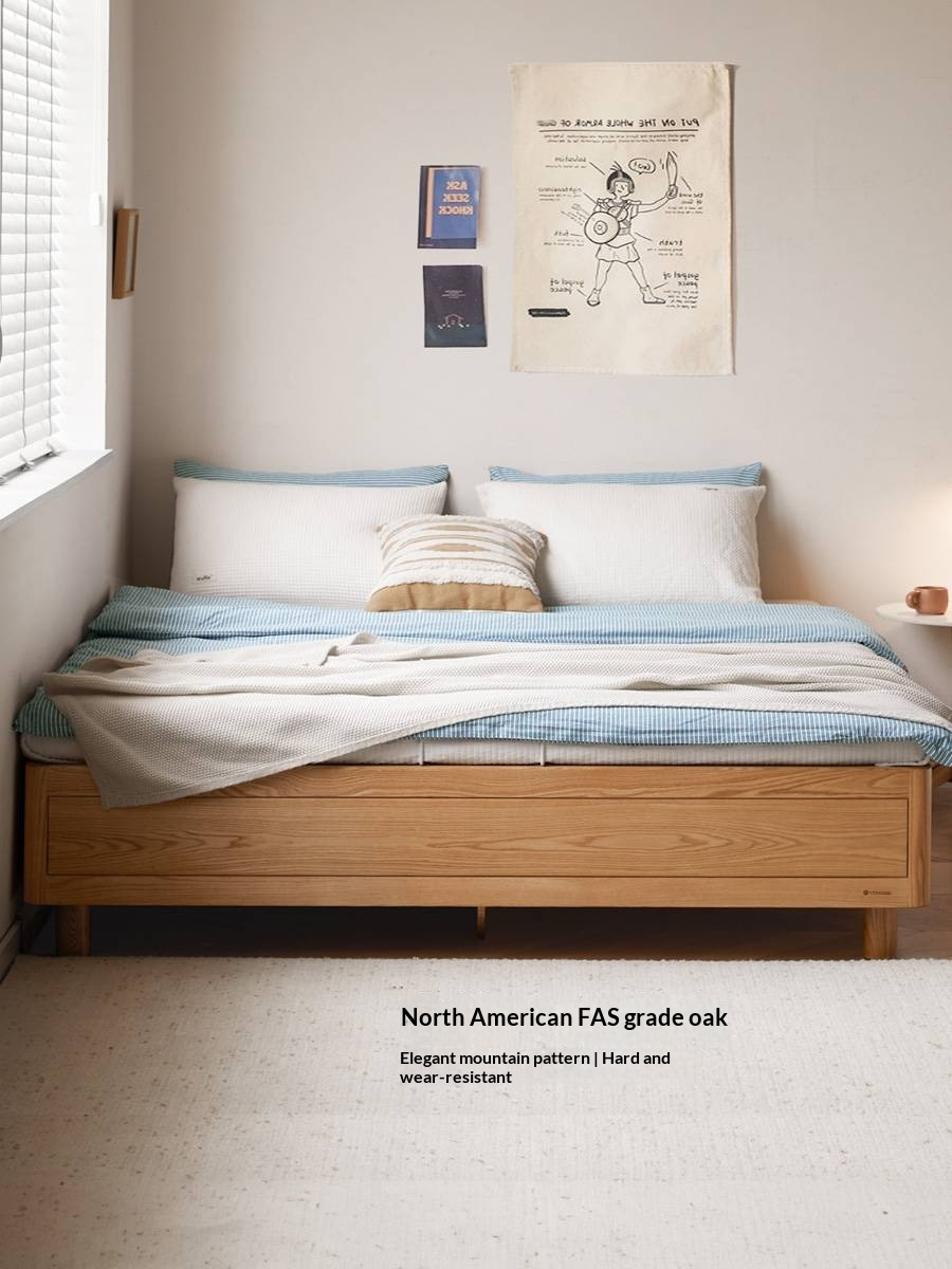 Oak Solid Wood Platform Box Bed, Headboard-Free Box Bed