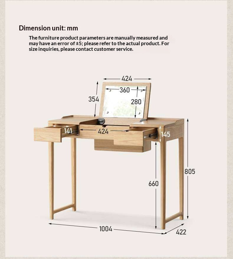 Ash Solid Wood Small Flip Vanity Table.