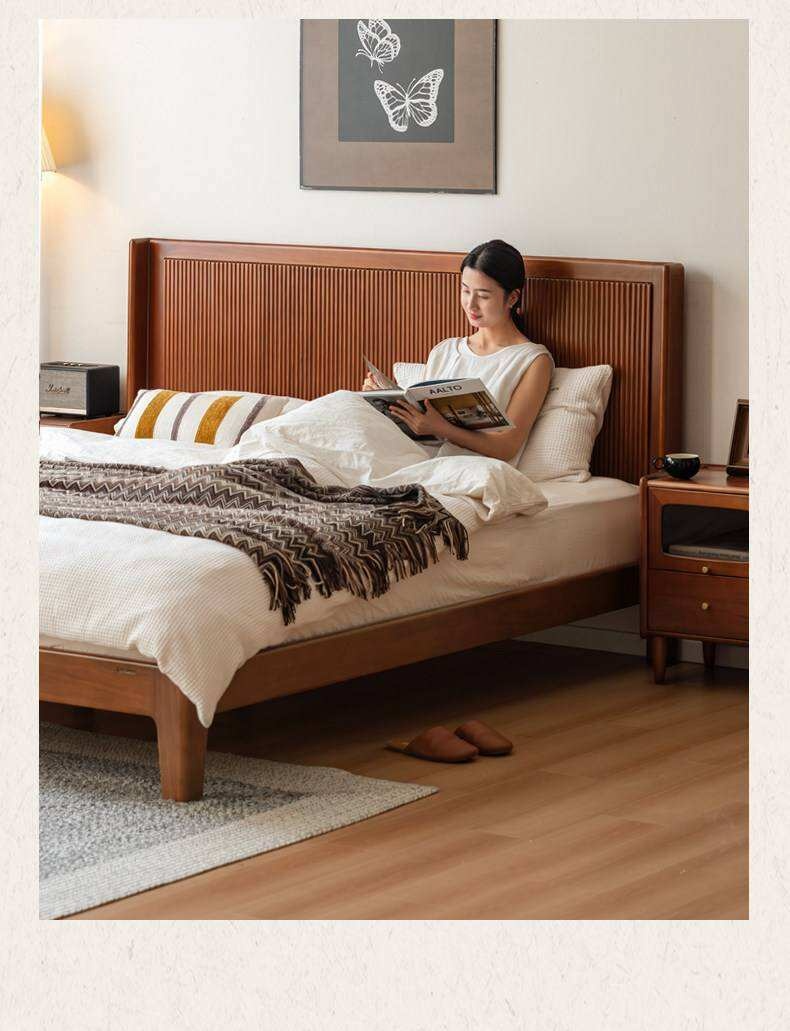 North American Tulipwood Solid Wood Platform Bed with Reeded Headboard