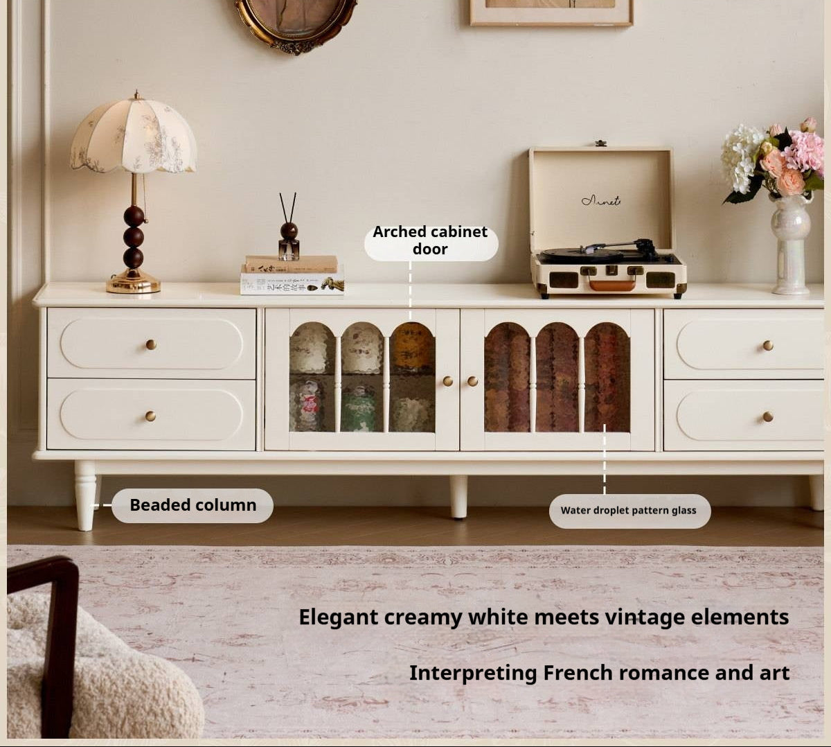 Solid RubberWood French Country TV Console with Arched Glass Doors