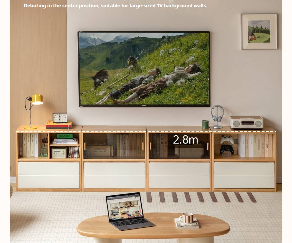 Oak Solid Wood Modular TV Cabinet System with Two-Tone Sliding Doors
