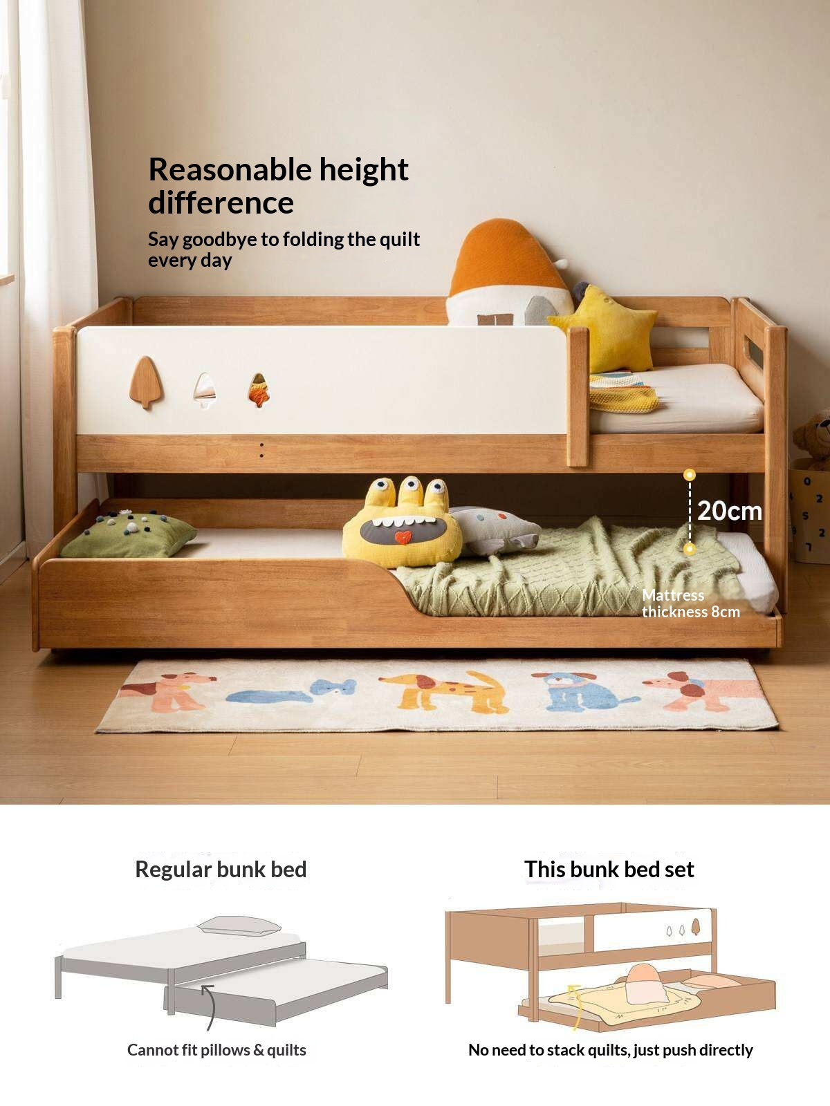 Rubberwood Solid Wood Kids Daybed with Trundle and Safety Guardrails