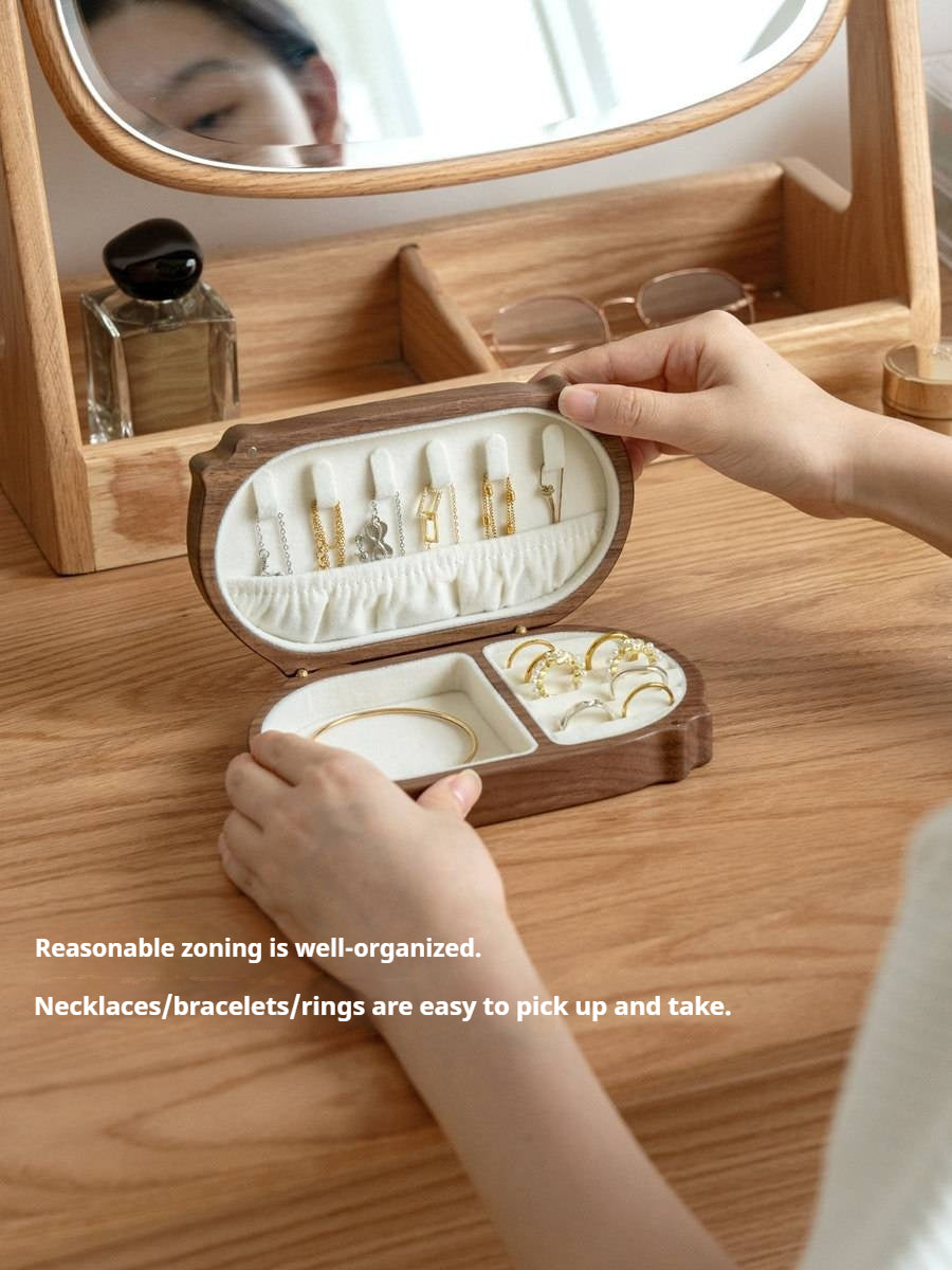 Cherry, Black Walnut Solid Wood Portable Jewelry Box with Multi-Compartment Storage