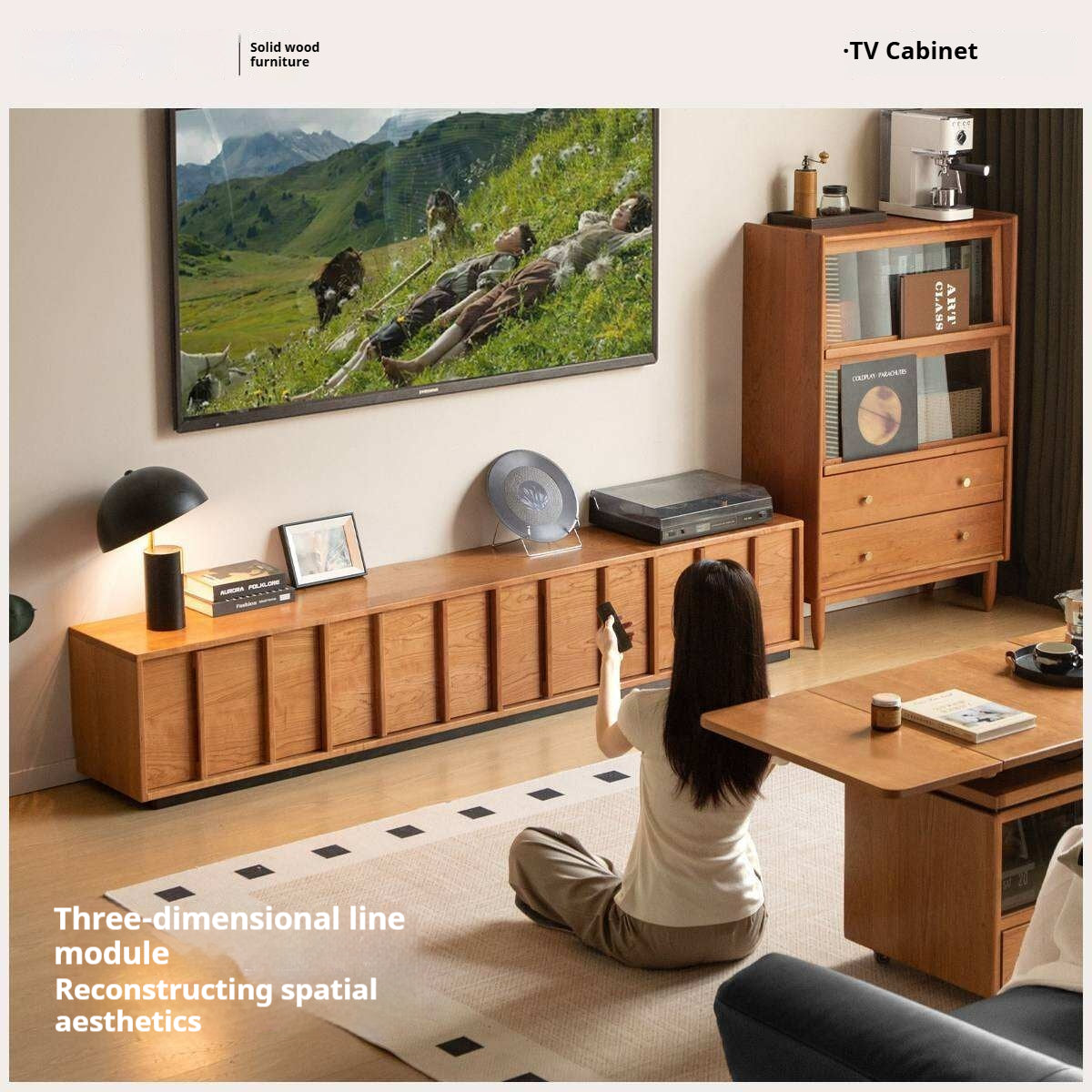 Cherry Solid Wood TV Stand with Simple Modern Storage Cabinet