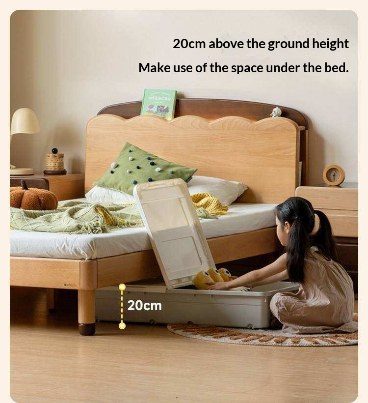 Beech Solid Wood Kids Bed with Scalloped Headboard and Hidden Storage