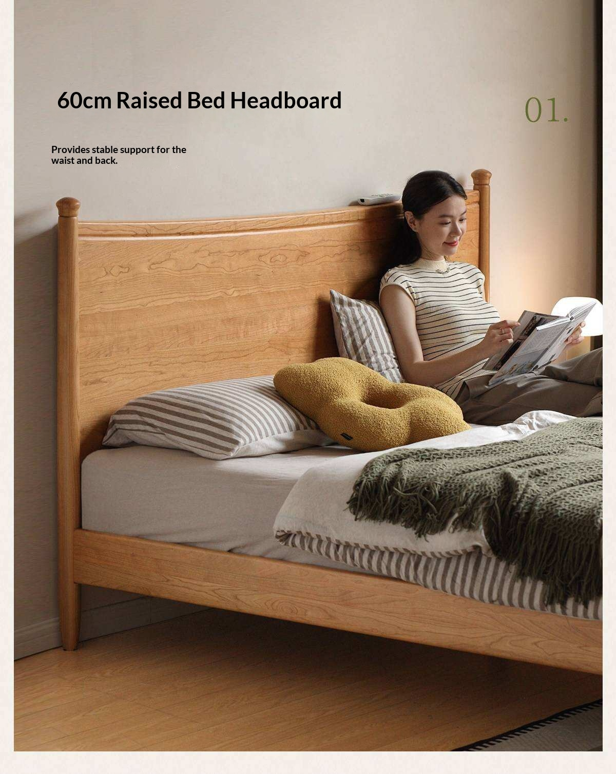Cherry Solid Wood Nordic Platform Bed with Curved Panel Headboard