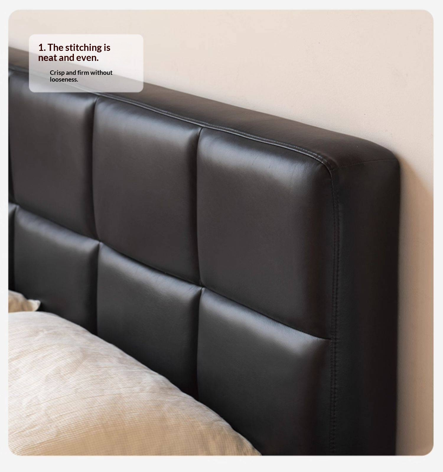 Oak Solid Wood Genuine Leather Upholstered Box Bed Retro Black Floating Bed