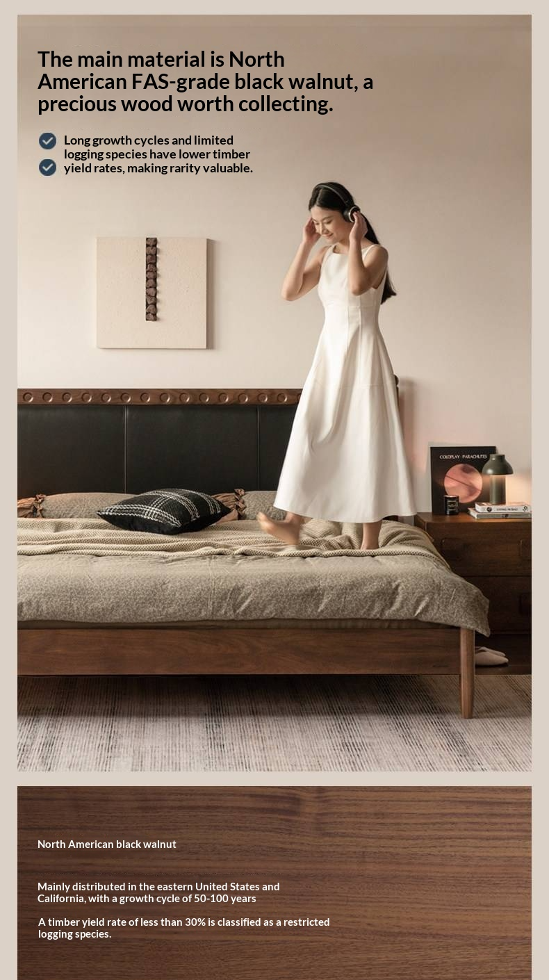 Black Walnut Solid Wood Bed — French Retro Style with Soft Backrest and Genuine Leather Upholstery