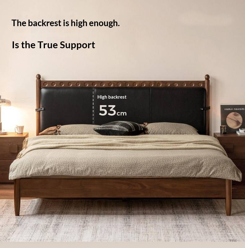 Black Walnut Solid Wood Bed — French Retro Style with Soft Backrest and Genuine Leather Upholstery