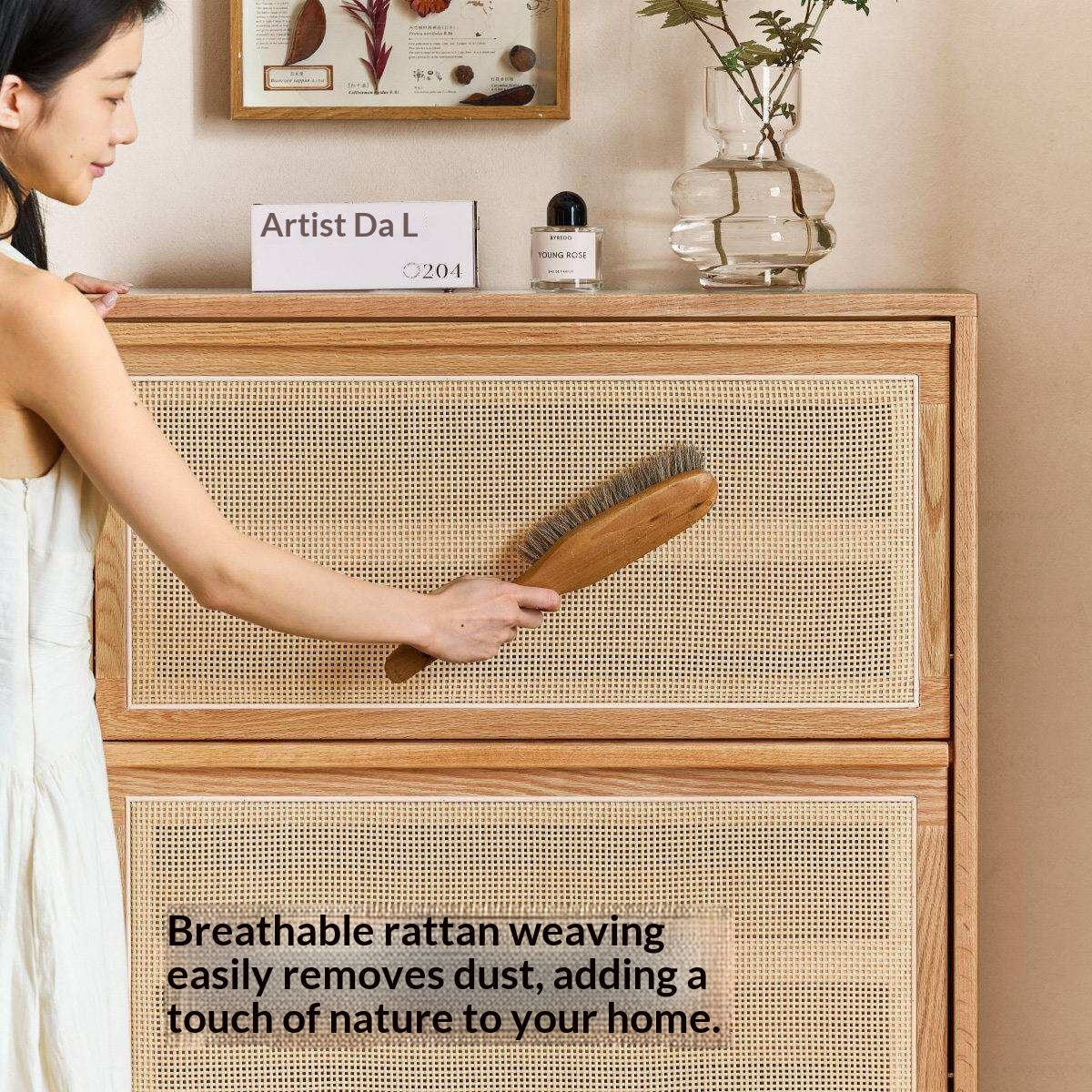 Oak Solid Wood Shoe Cabinet with Modern Minimalist Flip Door, Rattan Accents
