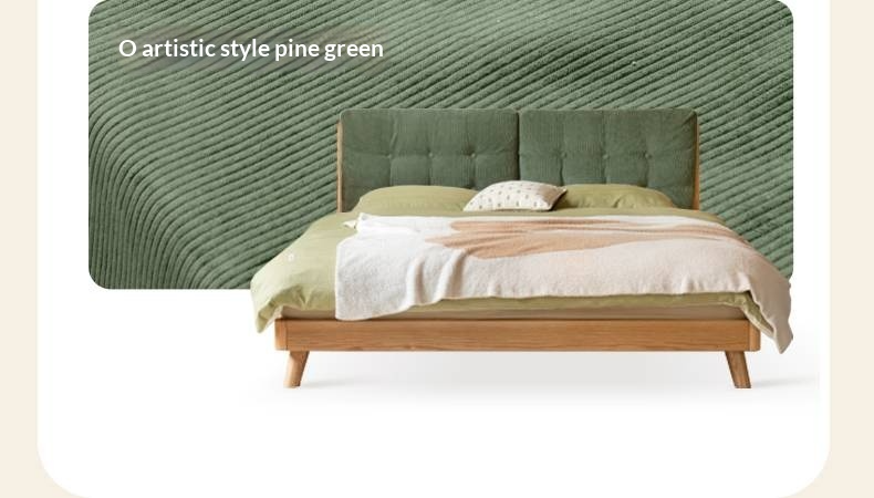 Oak, Rubberwood Solid Bed with Cream Finish — Casual Bedside with Soft Bag Backrest and White Soft Back