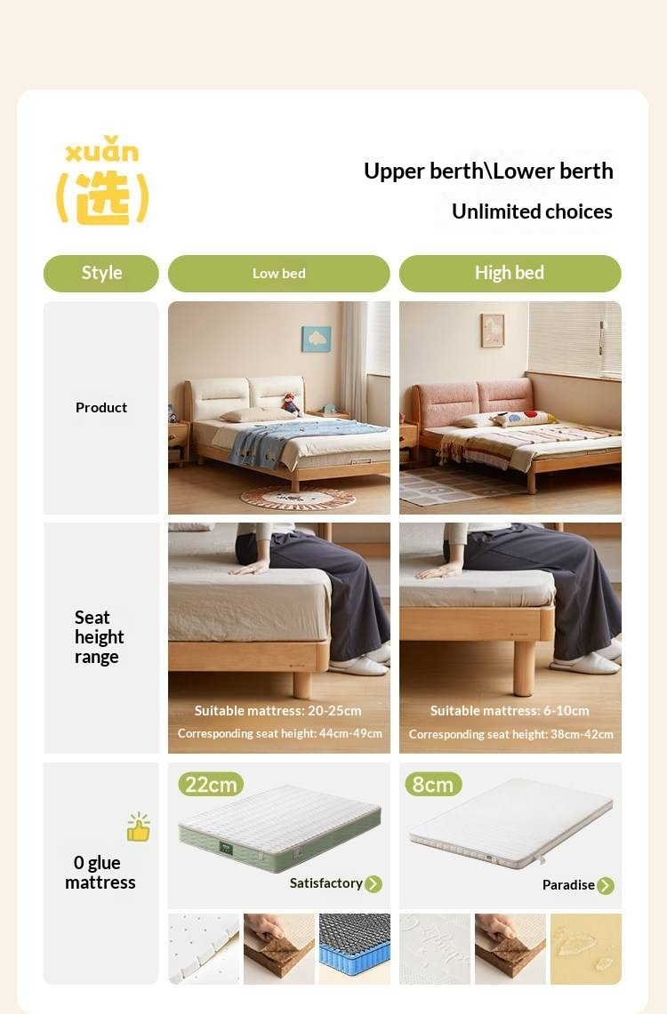 Beech Solid Wood Adjustable Height Kids Bed with Upholstered Segmented Headboard