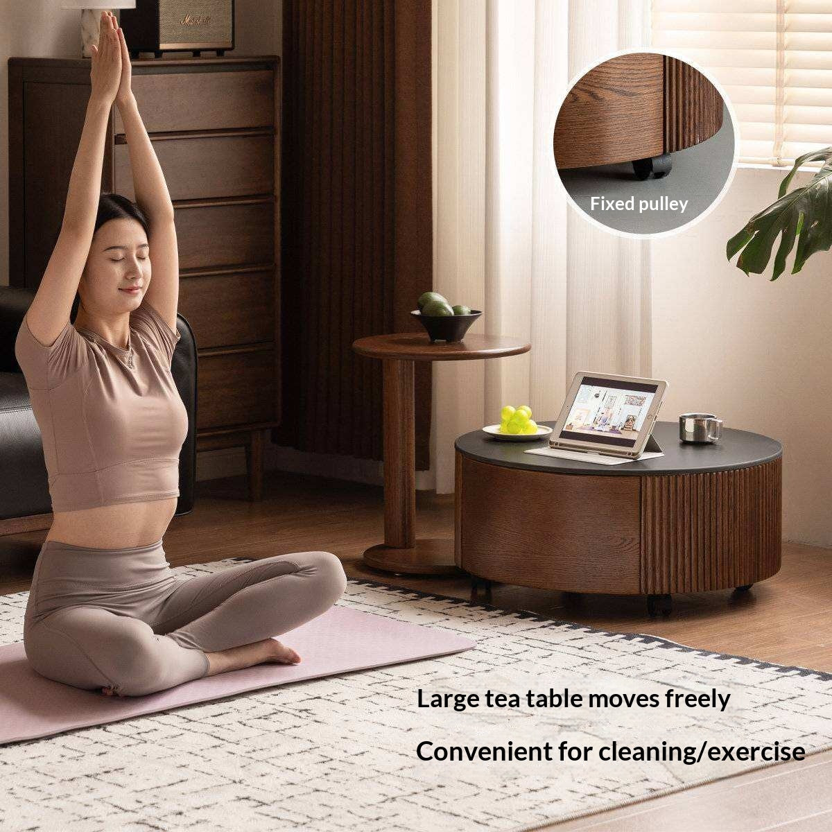 Oak Solid Wood Coffee Table with Layered Round Design and Rock Top