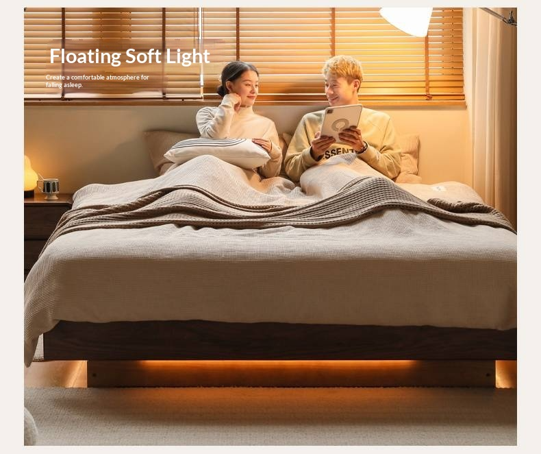 Black Walnut Solid Wood Platform Box Bed, Headboard-Free Bed Night Light Suspended Bed