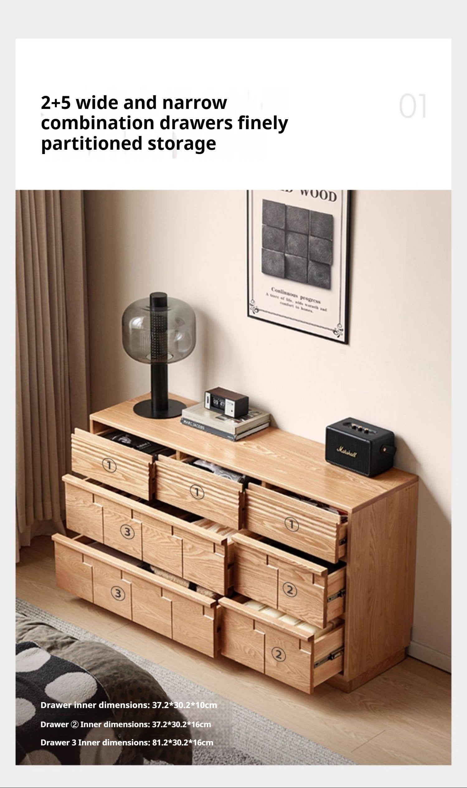Oak Solid Wood Seven Bucket Drawer Cabinet