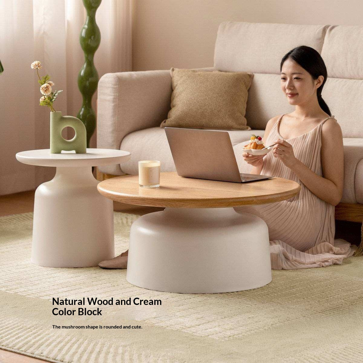 Oak Solid Wood, Solid RubberWood Round Nesting Coffee Tables, Modern Cream Style