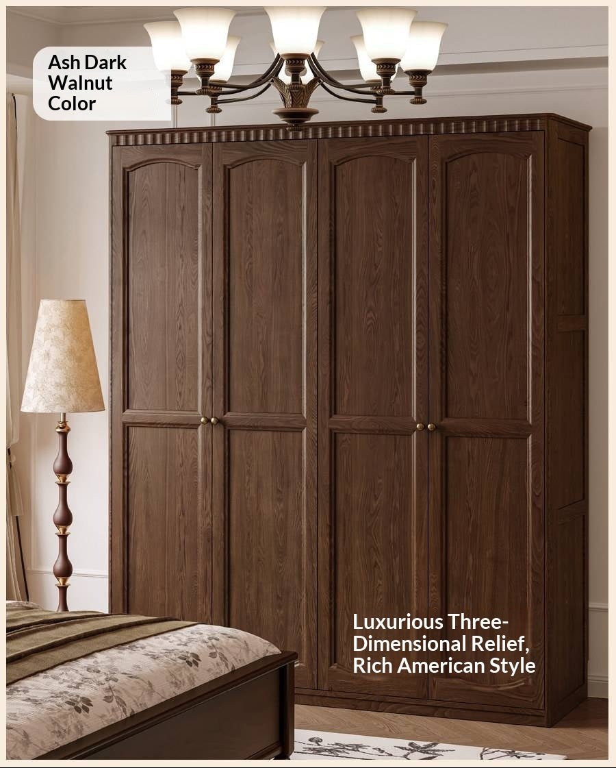 Ash Solid Wood Traditional 4-Door Armoire with Raised Panel Doors and Crown Molding