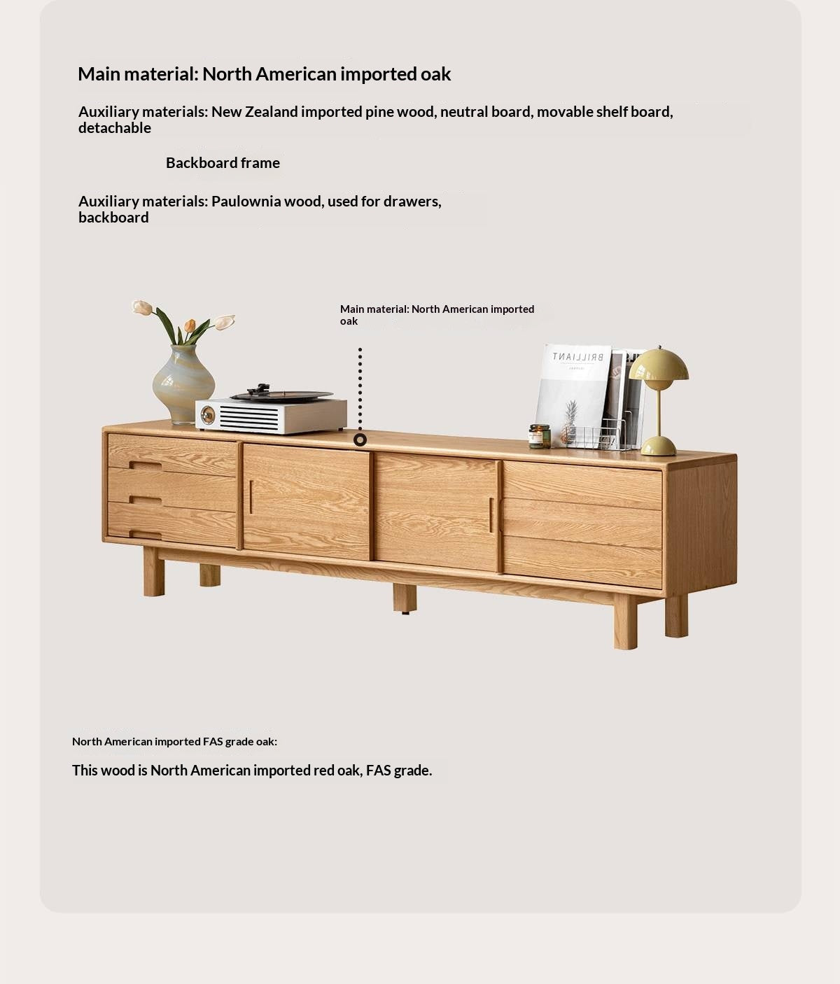 Oak Solid Wood TV Console with Ribbed Sliding Doors and Open Shelving