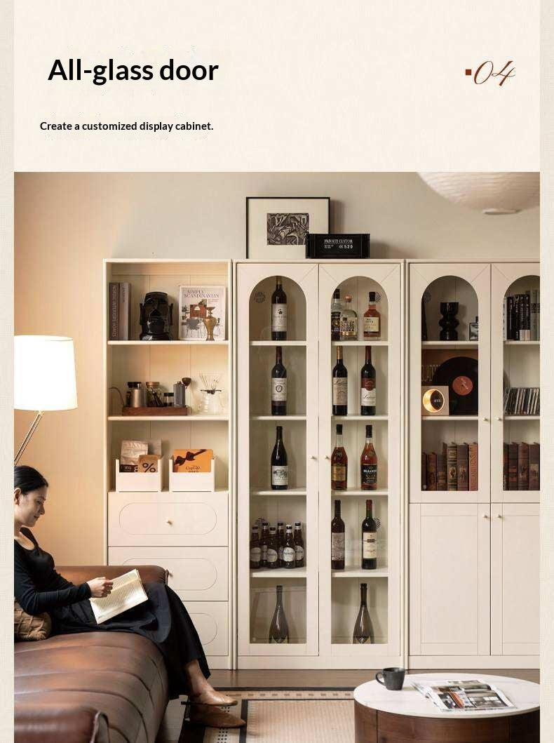 Solid RubberWood Bookcase White With Glass Door French Cream Style