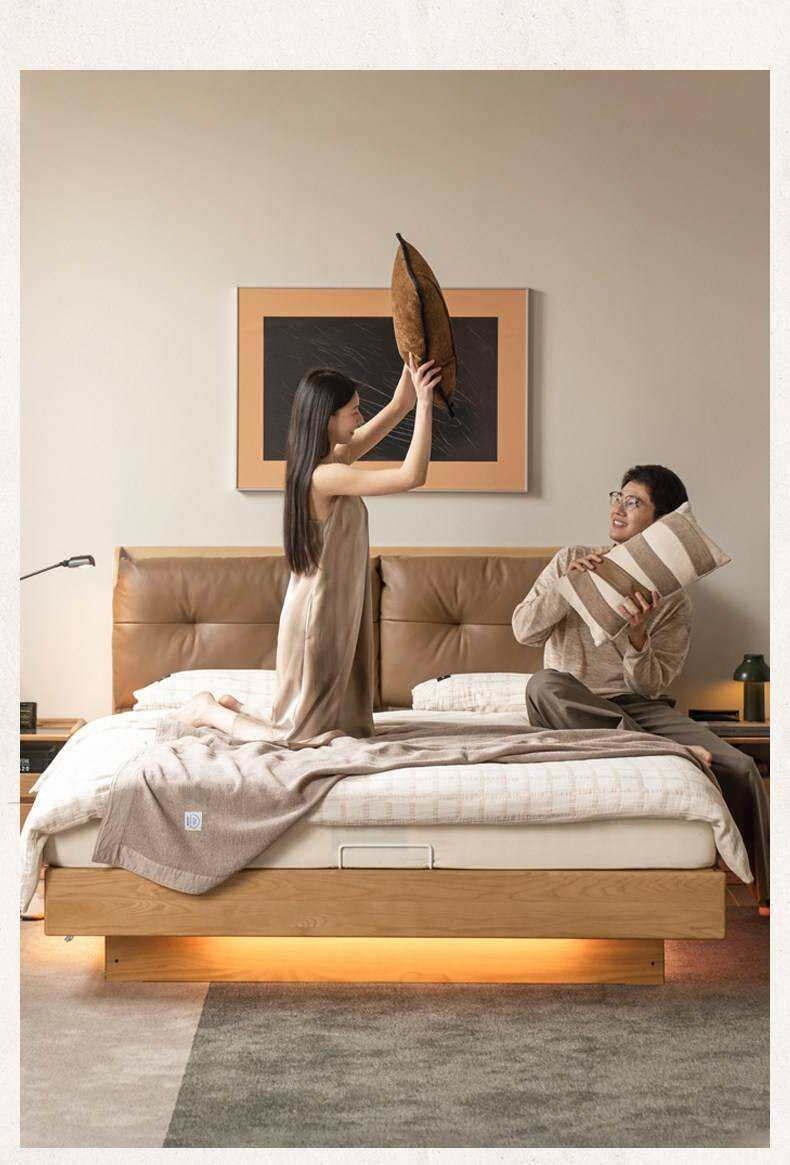 Ash Solid Wood Genuine Leather Upholstered Storage Bed with Electric Lift and LED Lighting