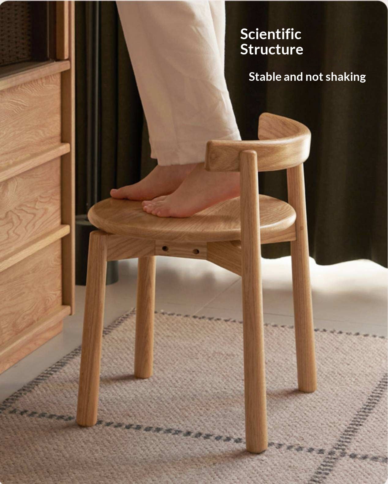 Black Walnut, Oak Solid Wood Low Back Makeup Stool with Round Seat