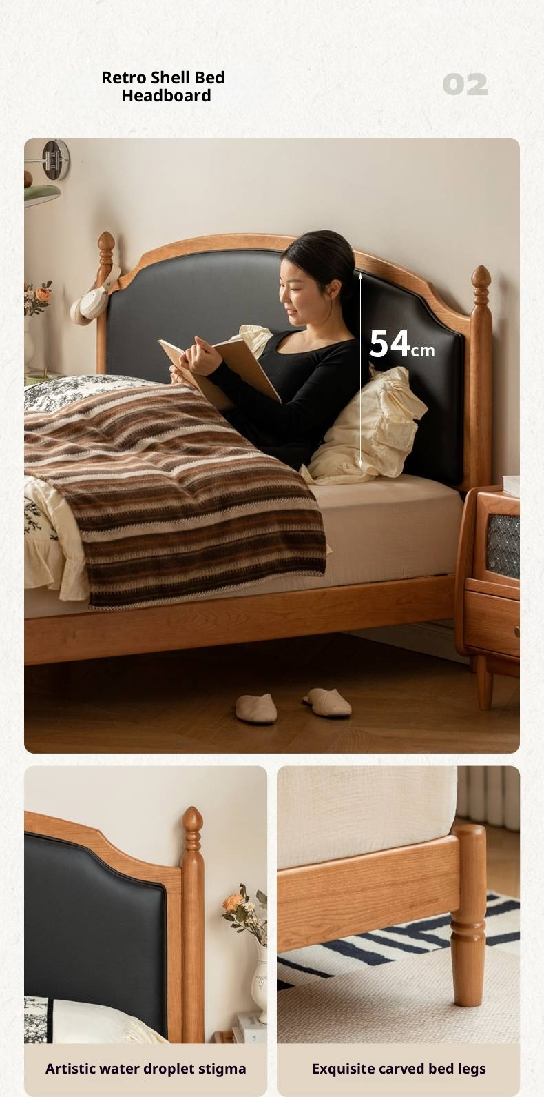 Cherry Solid Wood Soft Backrest Bed, French Retro Style