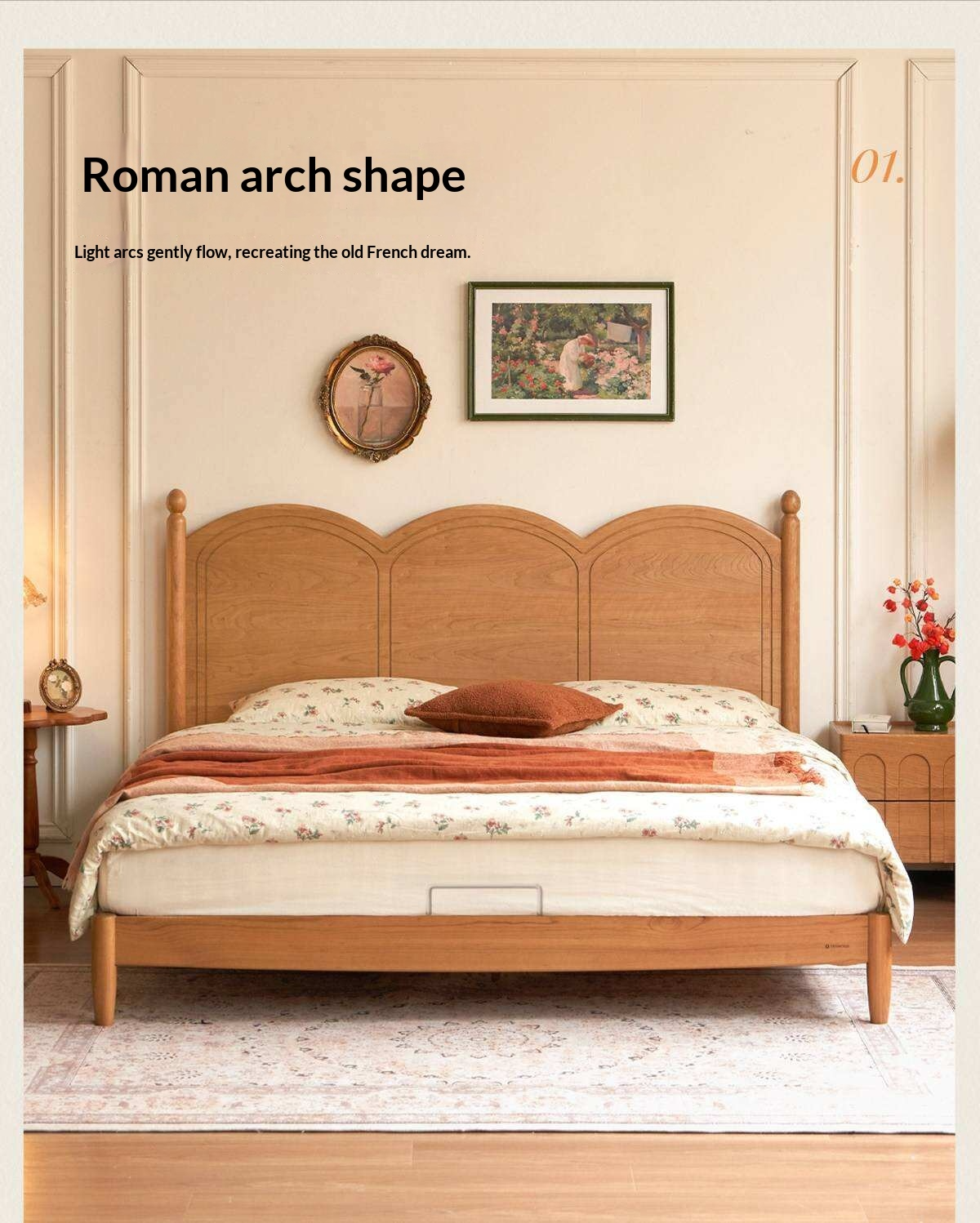 Cherry Solid Wood French Country Arched Platform Bed with Spindle Legs