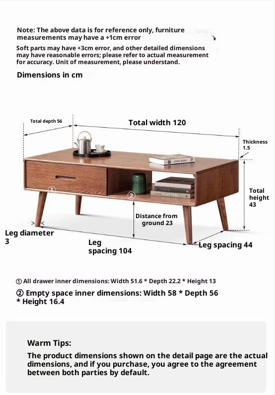 Oak, Solid Rubberwood Two-Drawer Coffee Table Walnut Color