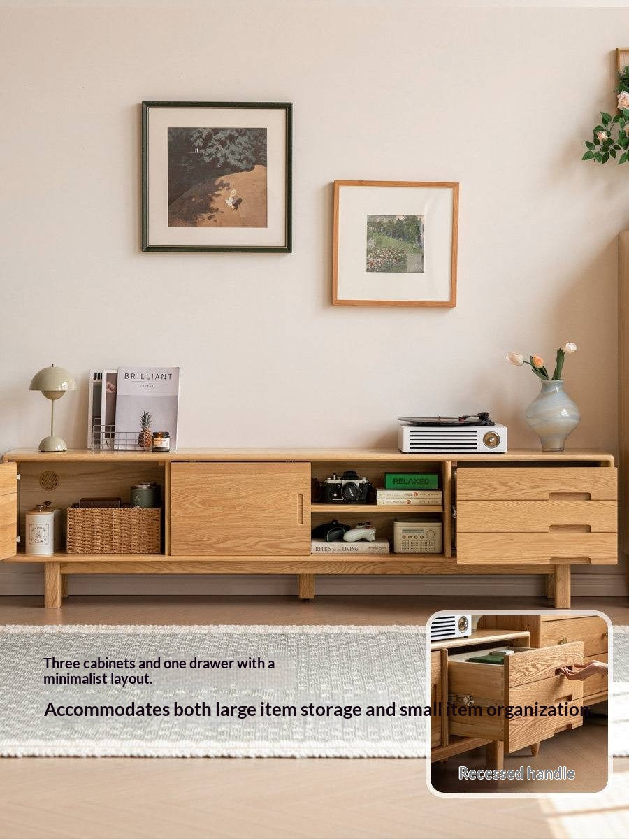 Oak Solid Wood TV Console with Ribbed Sliding Doors and Open Shelving