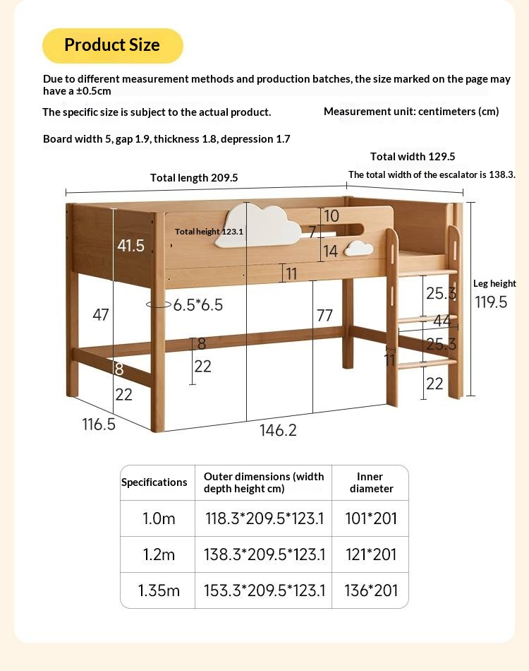 Beech Solid Wood Children's Loft Bed with Under-Table and Storage