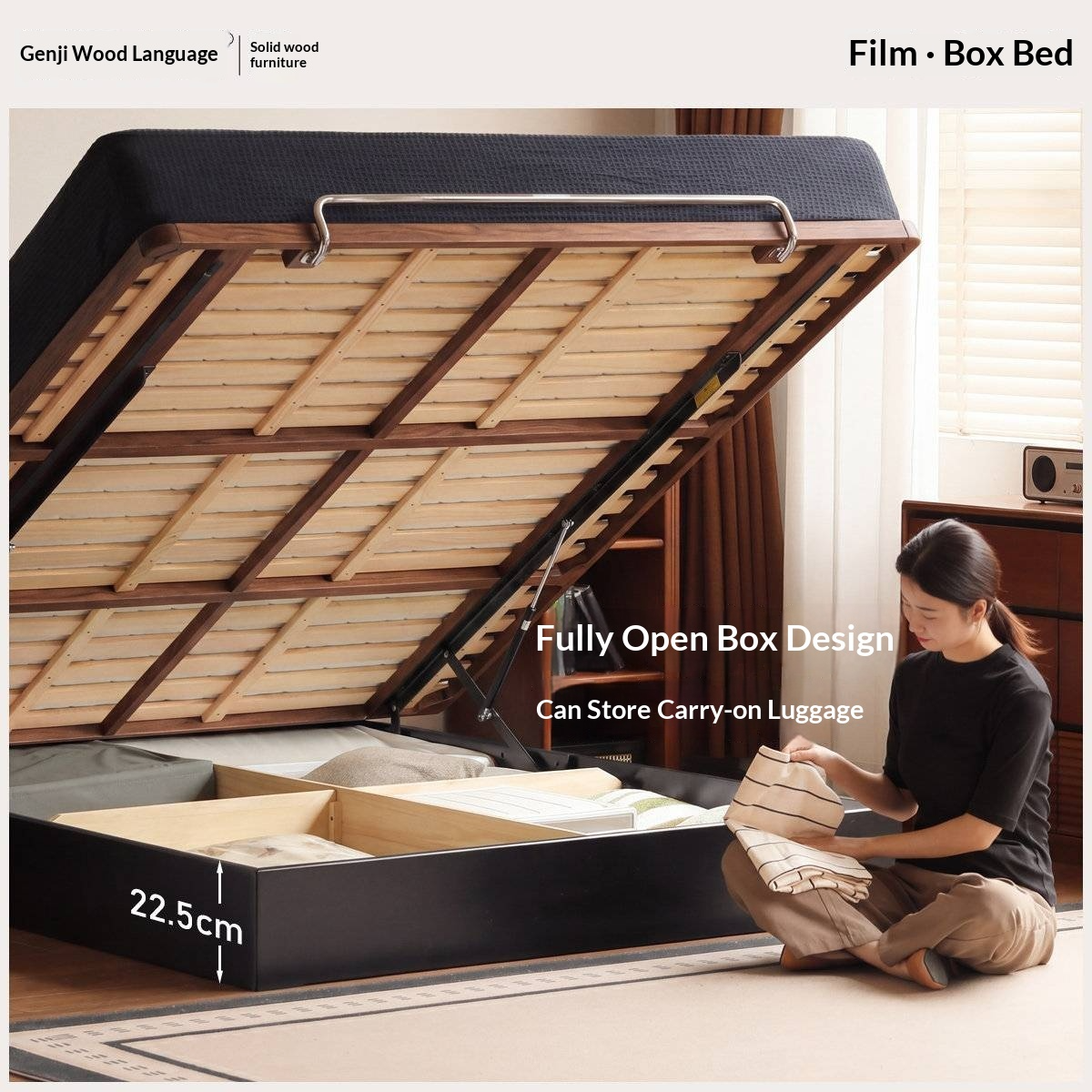Oak Solid Wood Mid-Century Floating Storage Bed with Lift-Up Storage Box