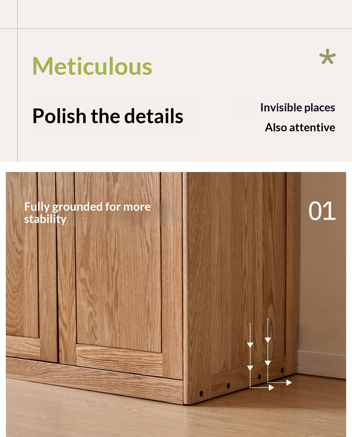Oak solid wood Wardrobe with Flat Panel Doors and Groove Handles