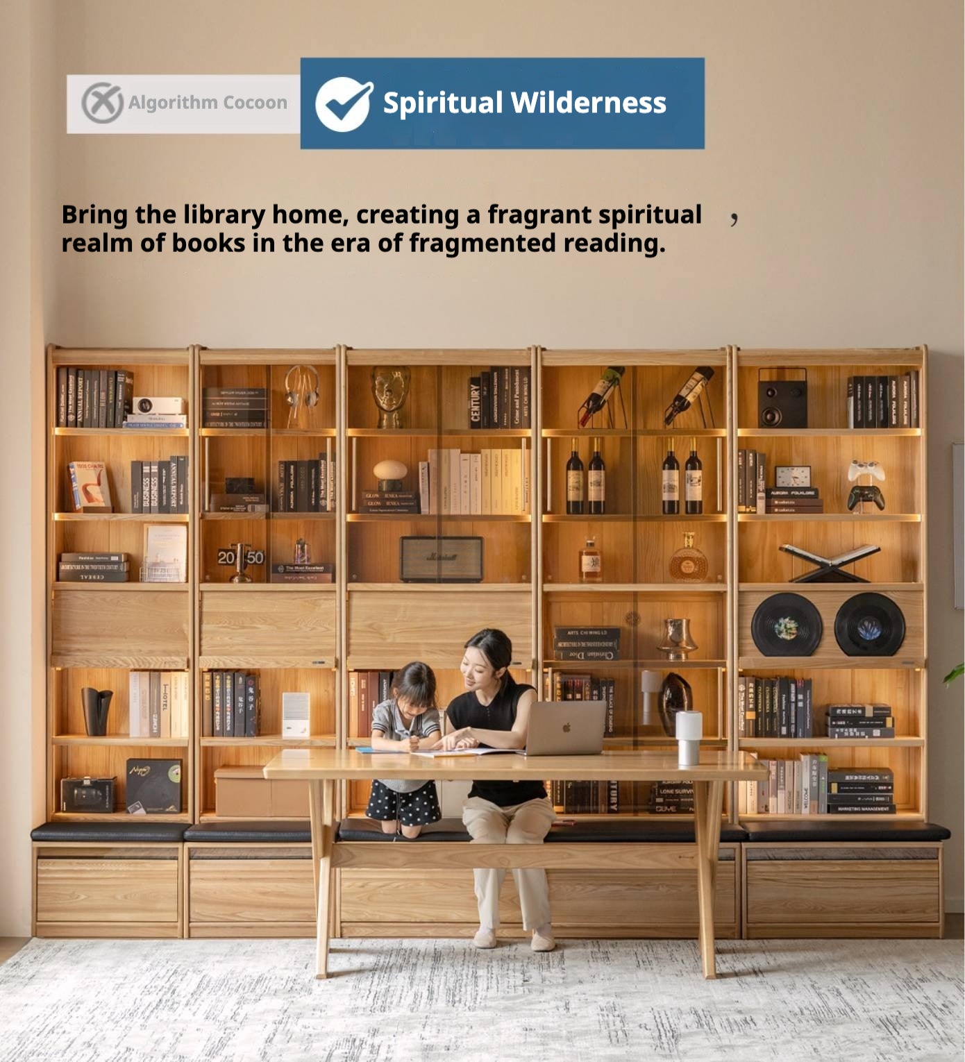 Oak, Ash Solid Wood Bookshelf with Integrated Booth Seating